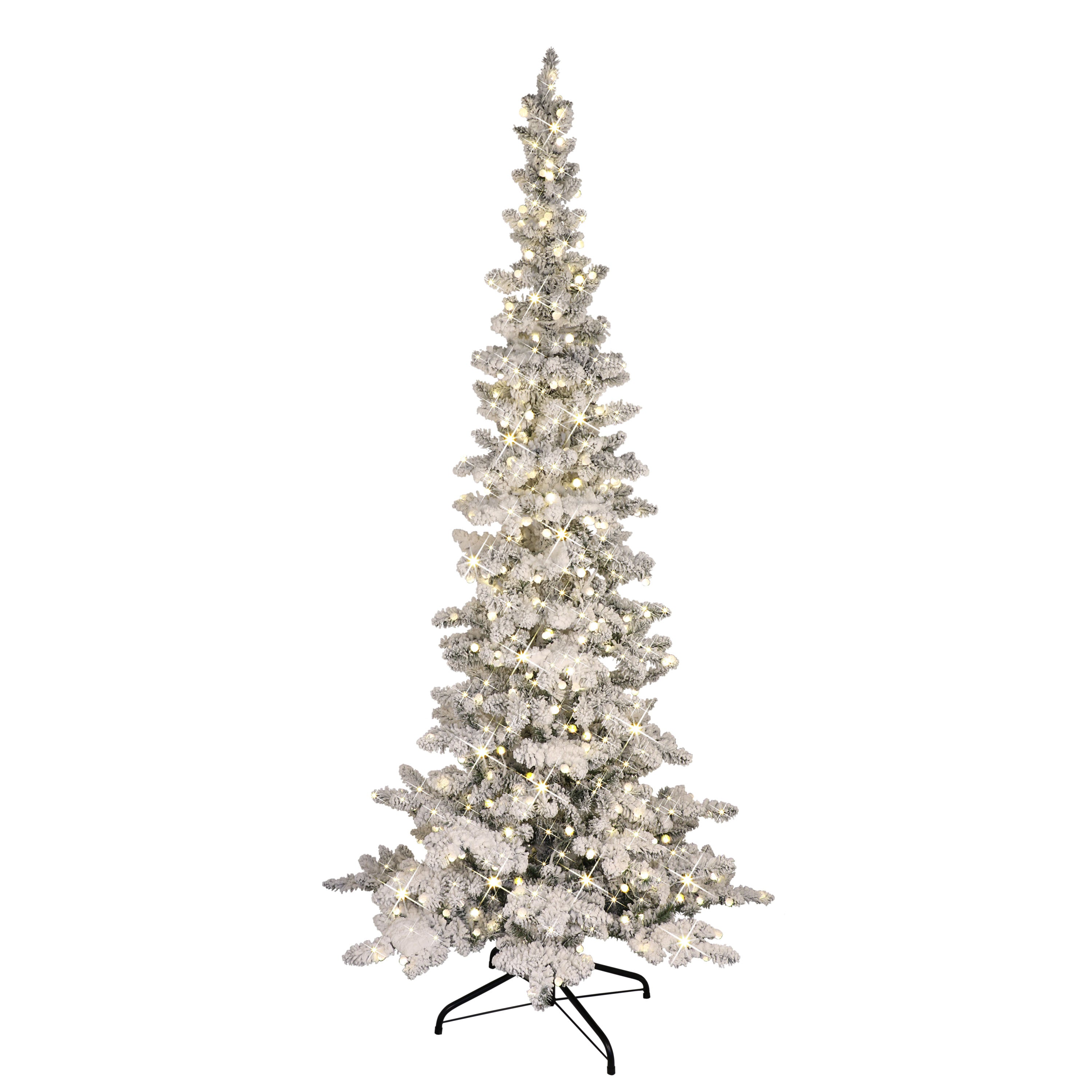 7.5 ft Pre-Lit Flocked Slim Whistler Pine Artificial Christmas Tree with Sure-Lit Pole® and 400 Warm White Round LED Globe Lights Metal Stand Green WRFA-75QG15LD