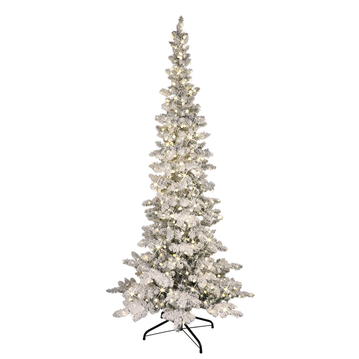 7.5 ft Pre-Lit Flocked Slim Whistler Pine Artificial Christmas Tree with Sure-Lit Pole® and 400 Warm White Round LED Globe Lights Metal Stand Green WRFA-75QG15LD