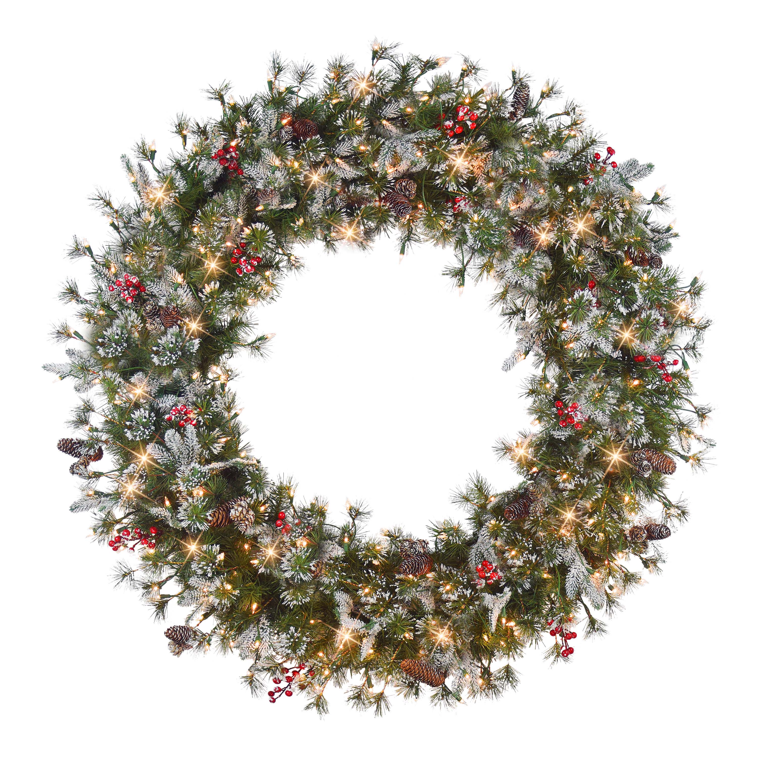 48 in Pre-Lit Glittery PE/PVC Wreath, 560 Tips, Pine Cones, Berries, 250 UL Clear Lights 1754A-W48C250