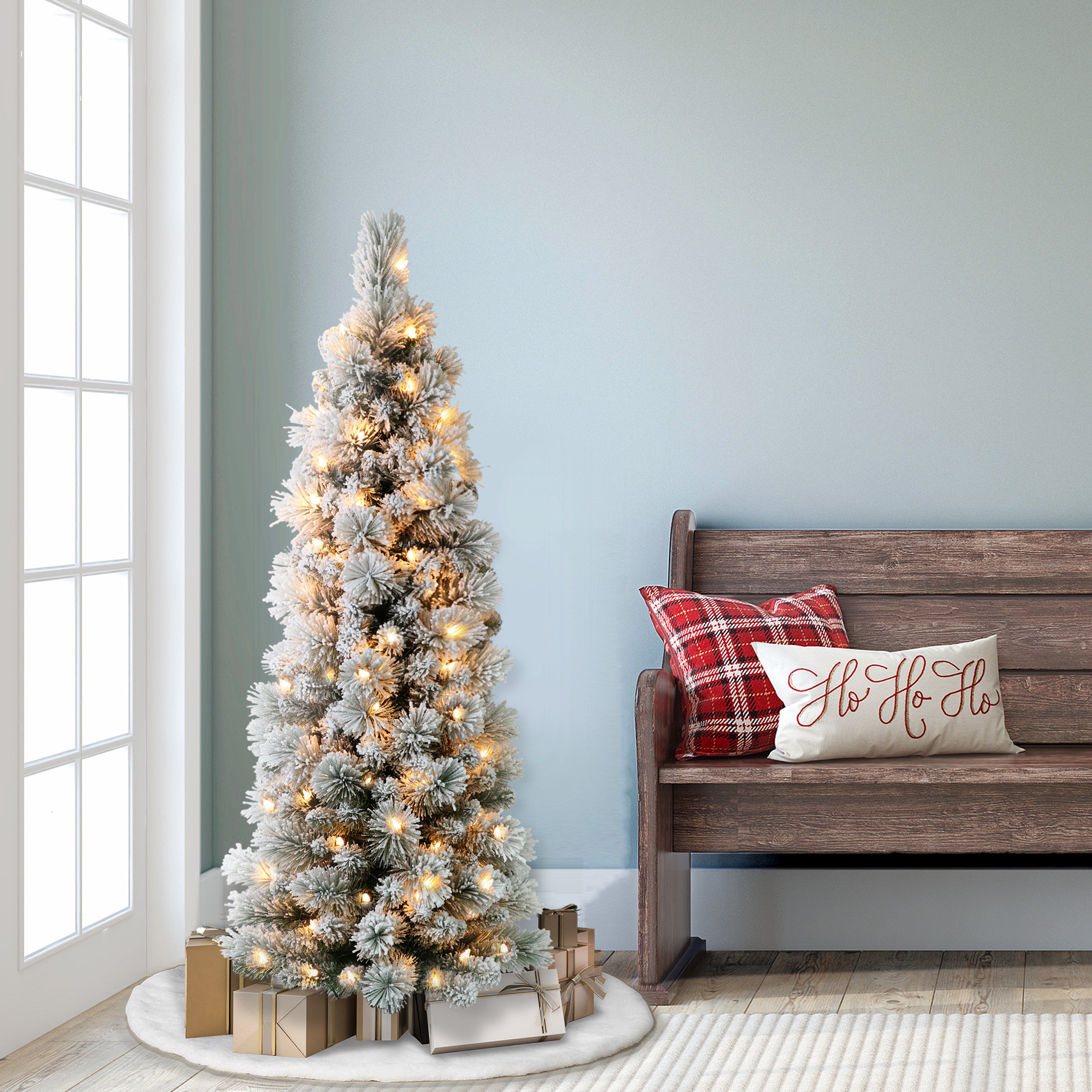 4.5ft Pre-Lit Flocked Portland Pine Pencil Christmas Tree