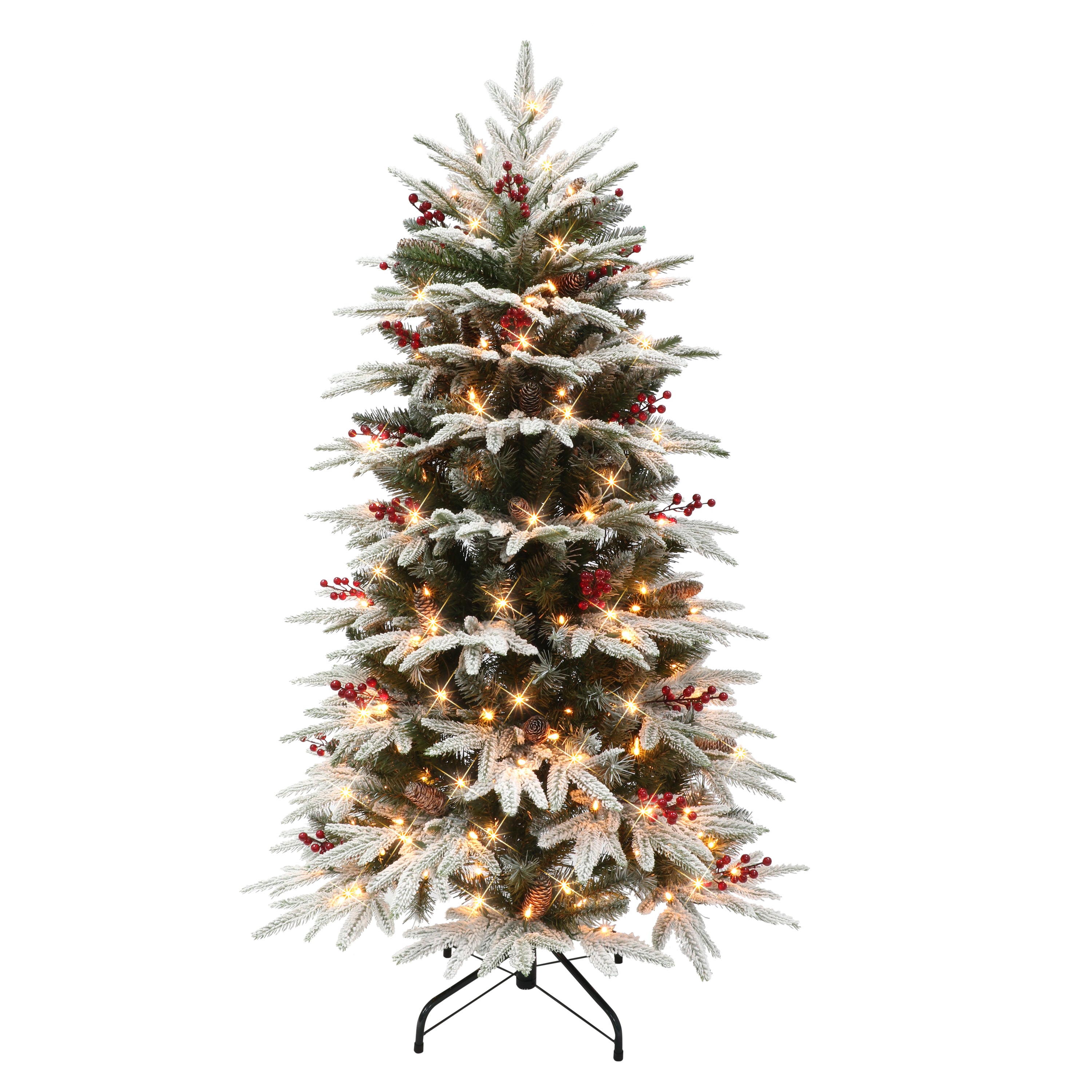 4.5 ft Pre-lit Slim Flocked Halifax Fir Artificial Christmas Tree 200 UL Clear Lights Pinecones & Red Berries Metal Stand Green HXSLA-45C2