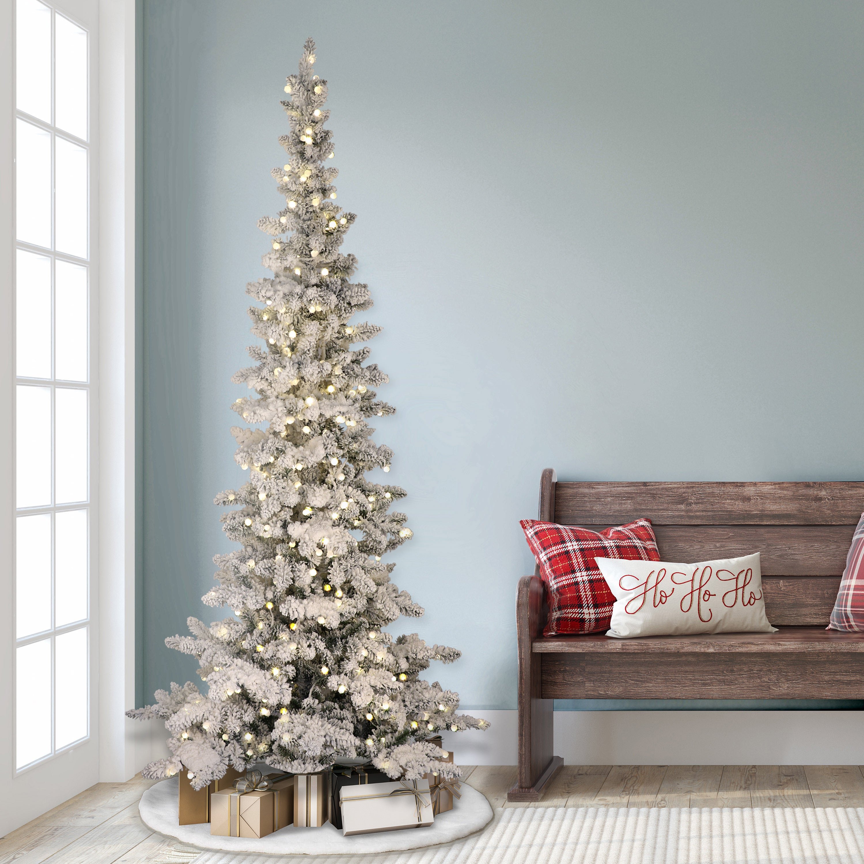 7.5ft Pre-Lit Flocked Slim Whistler Pine Christmas Tree