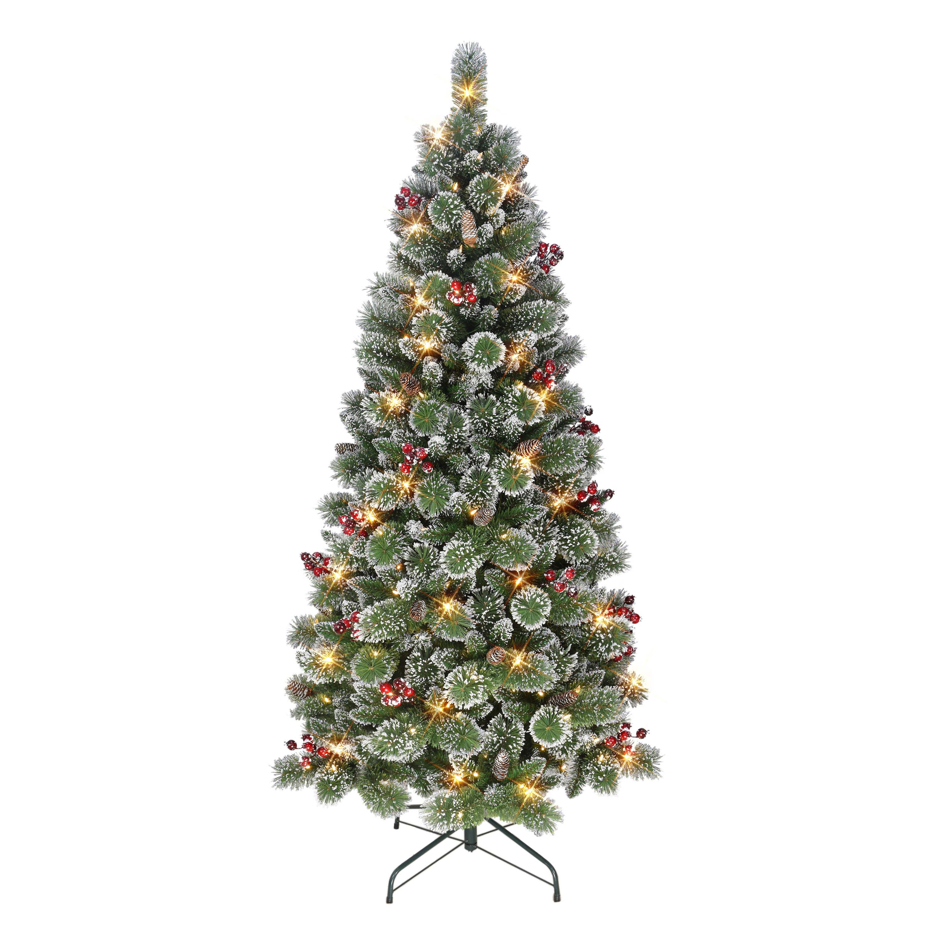 6.5 ft Pre-lit Snowy Valley Pine Artificial Christmas Tree 200 Warm White LED Lights UL Listed Adaptor Metal Stand Green SVPA-T65LW2