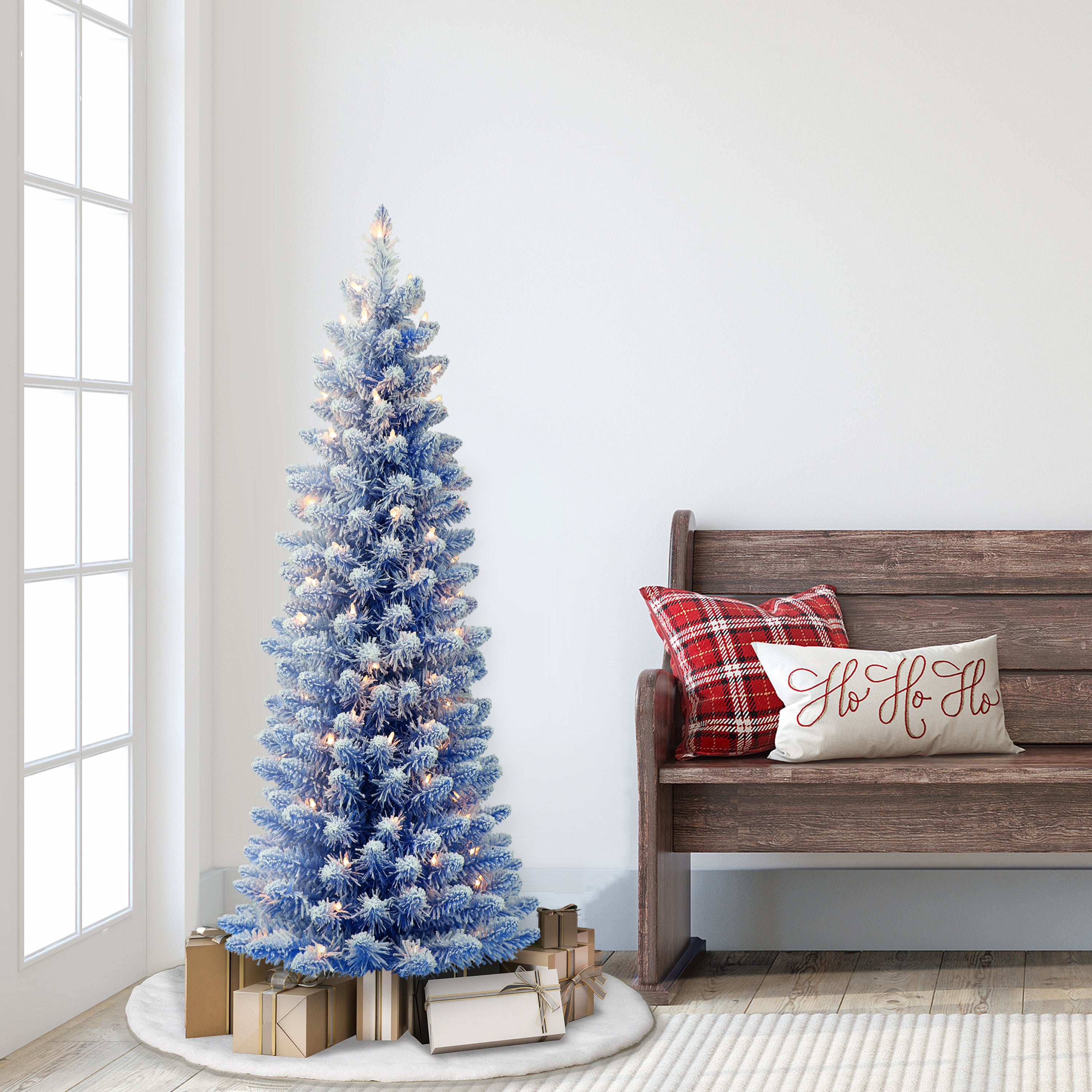4.5ft Pre-Lit Flocked Fashion Blue Pencil Christmas Tree