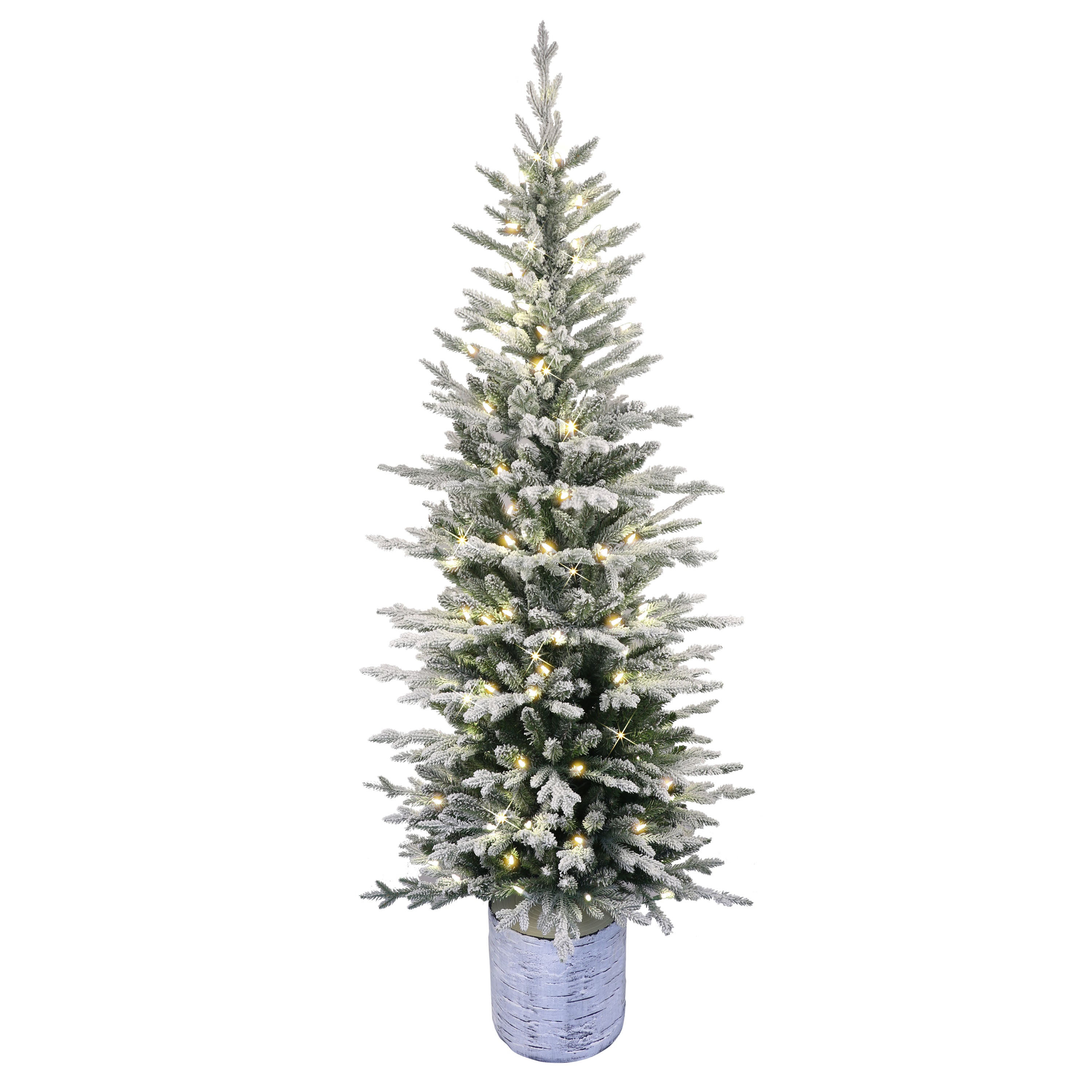 7.5 ft Pre-Lit Potted Flocked Arctic Fir Pencil Artificial Christmas Tree with 230 Warm White LED Lights UL Adapter Green PTO9760A-75LW23