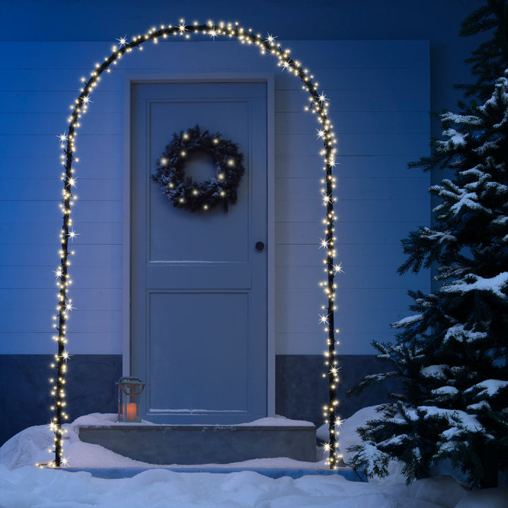 Lumineo 90"(H) x 52"(W) 500 LED Door Arch with Twinkling 8-Function String Lights in Warm White/Black Wire # 783325