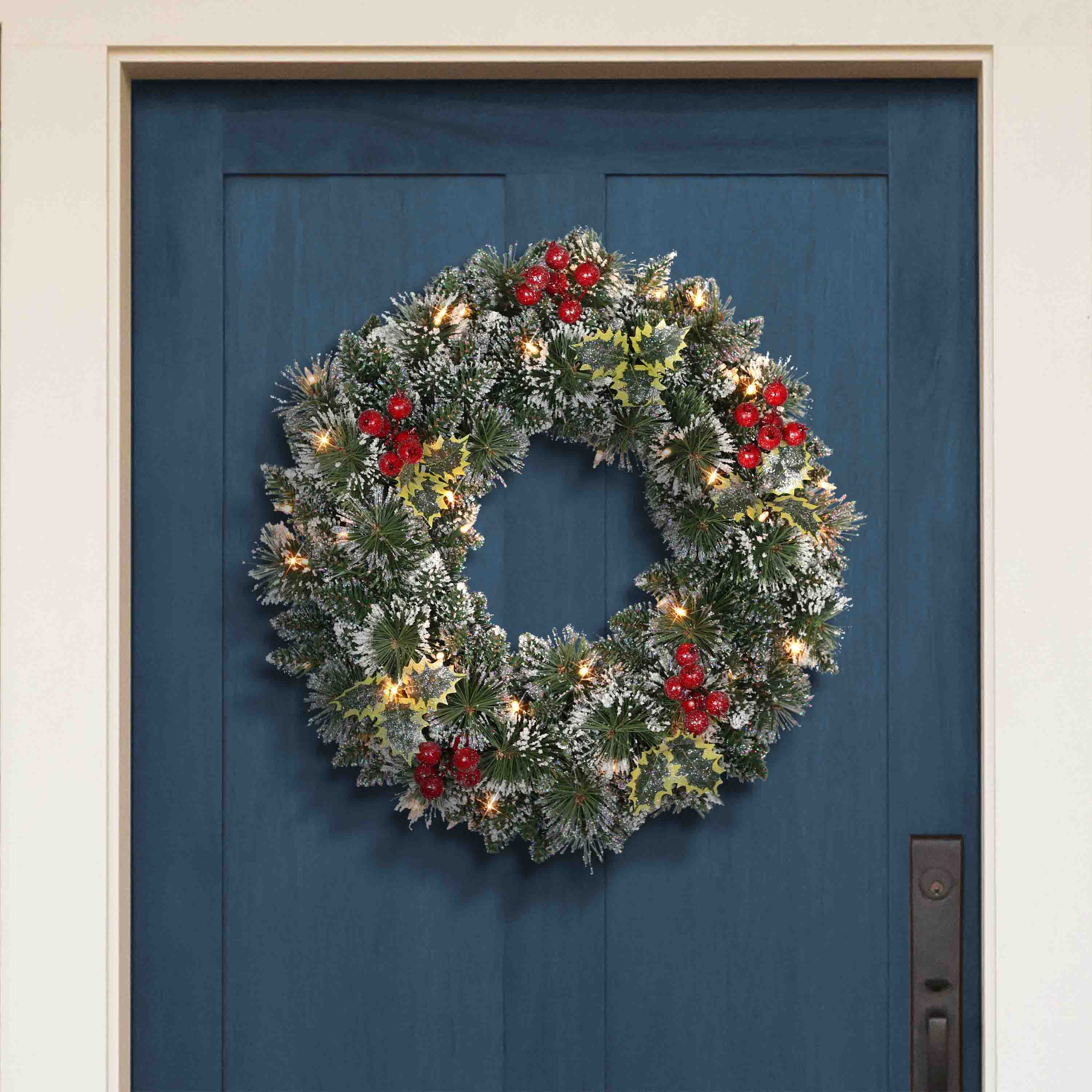 24" Pre-Lit Snowy Silverton Pine Wreath