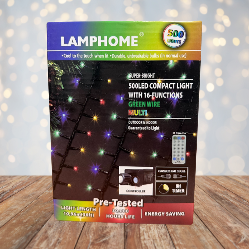 36FT 500L LED Compact Light, with 10-Functions, Green Wire, Multi