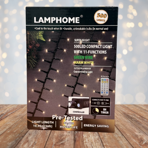 36FT 500LED Compact Light, with 11 Functions, Green Wire, Warm White