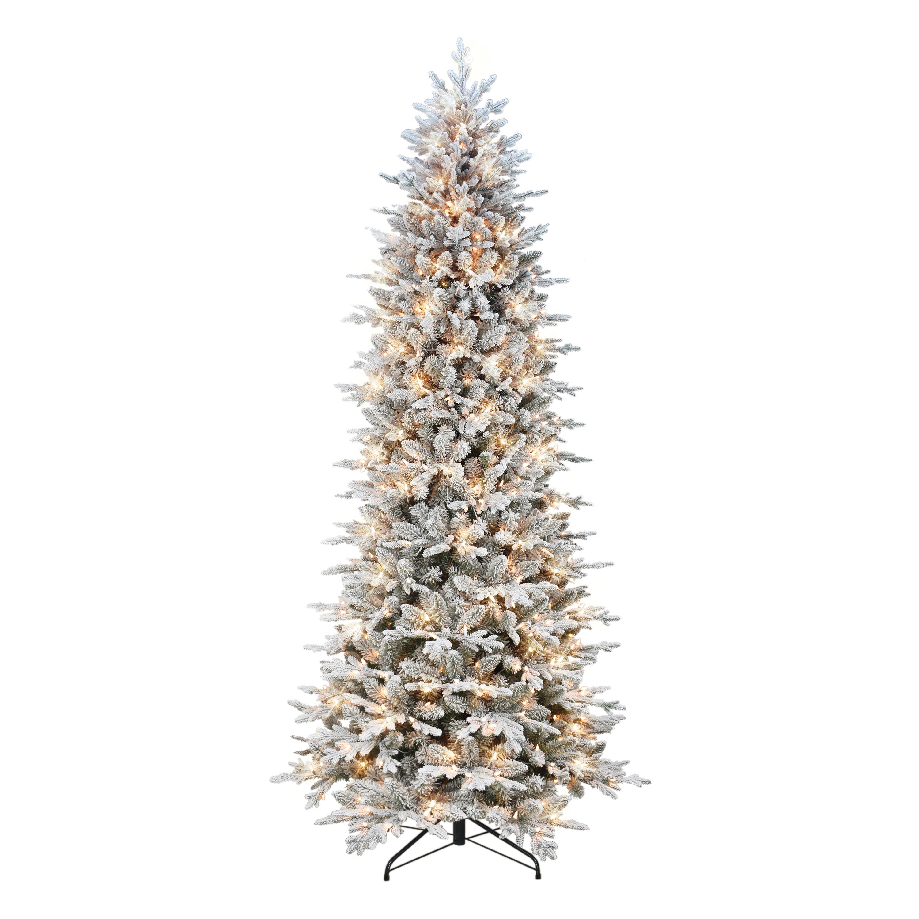 9 ft Slim Flocked Northern Fir Artificial Christmas Tree 600 UL Clear Lights Metal Stand Green NNFSLA-90C6