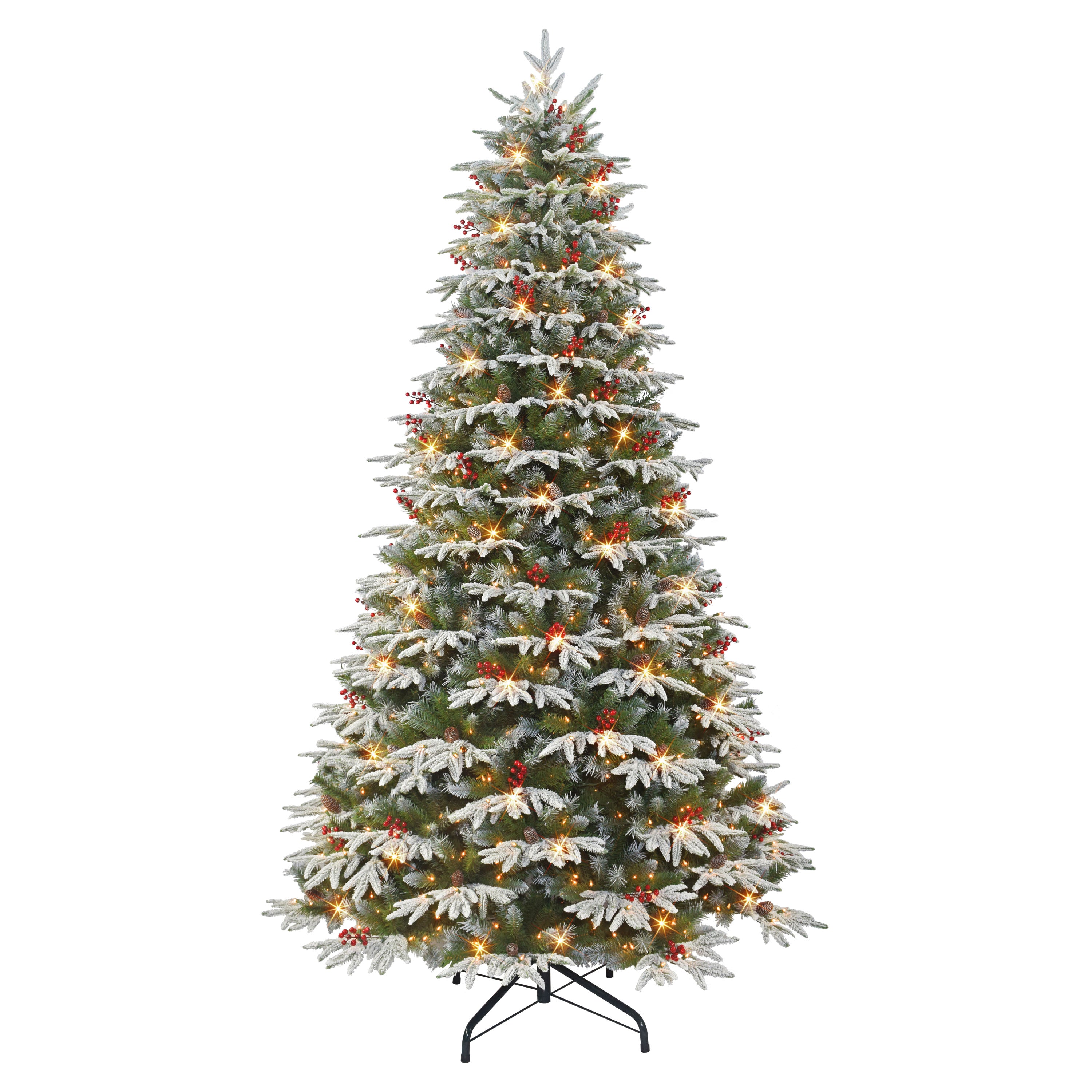9 ft Pre-lit Flocked Halifax Fir Artificial Christmas Tree with 900 UL Clear Lights On/Off Foot Pedal Pinecones & Red Berries Metal Stand Green HXA-90C9