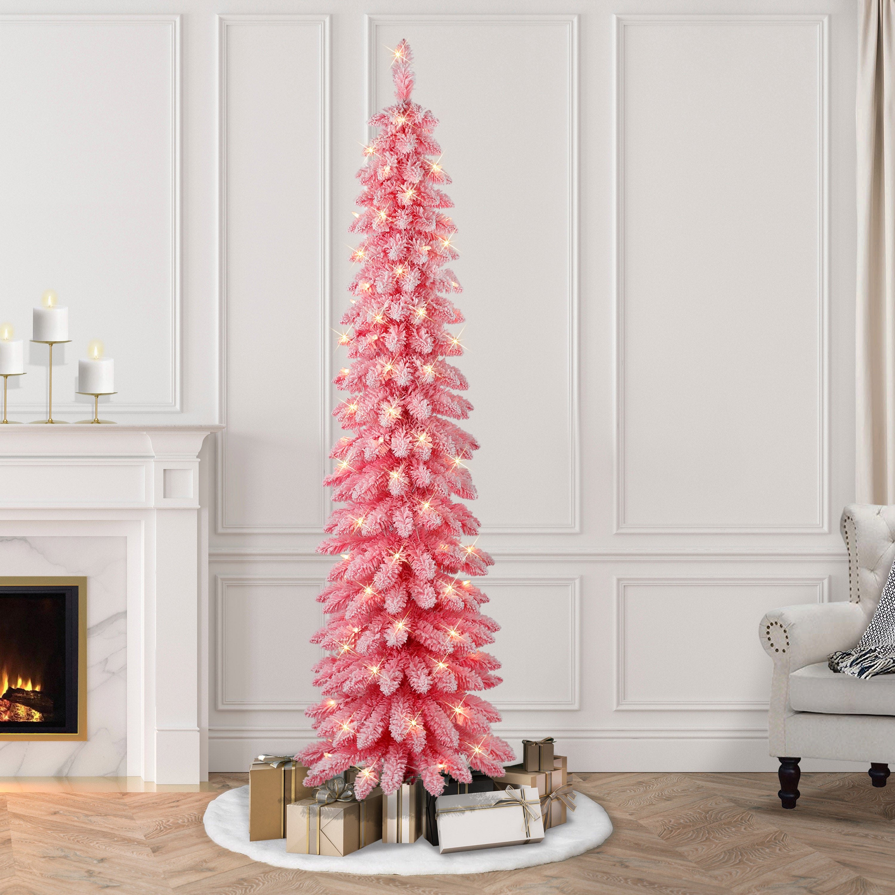 7ft Pre-Lit Flocked Pink Alpine Pencil Tree