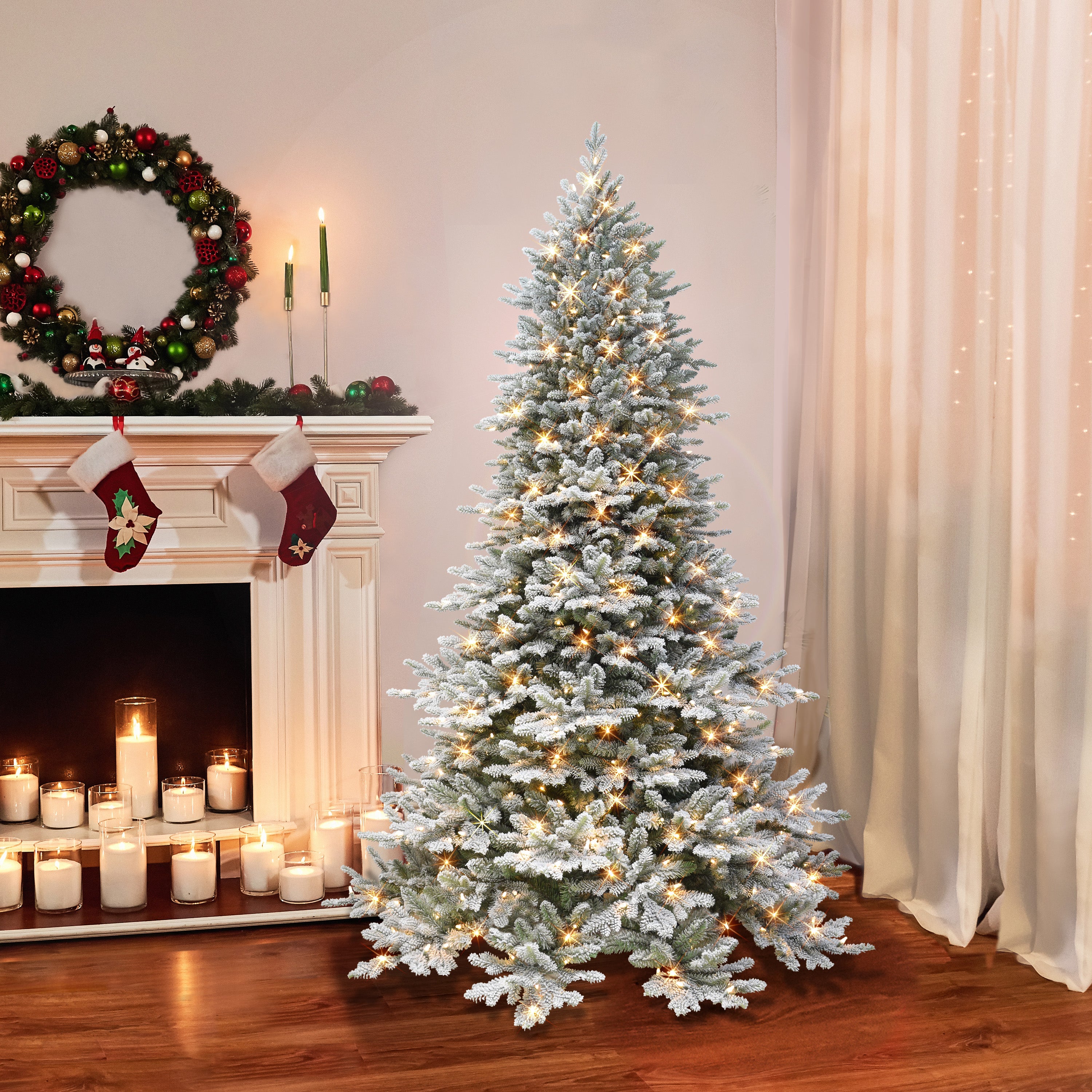 6.5ft Pre-lit Flocked Royal Majestic Douglas Fir Downswept Christmas Tree Sure-Lit Pole®