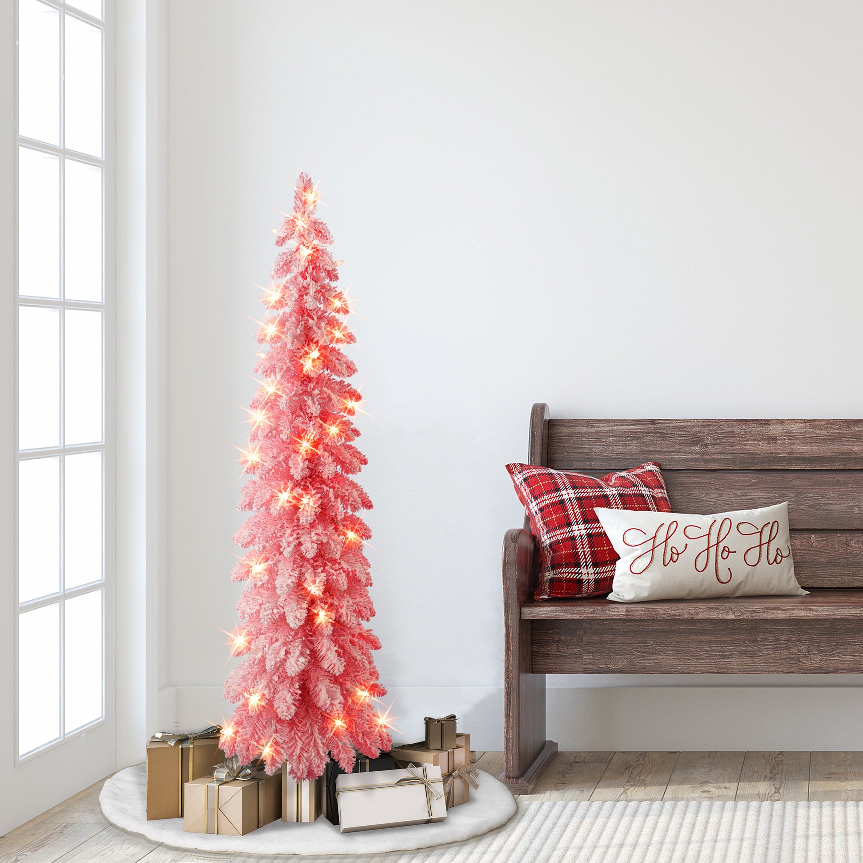 4ft Pre-lit Pink Flocked Alpine Pencil Tree
