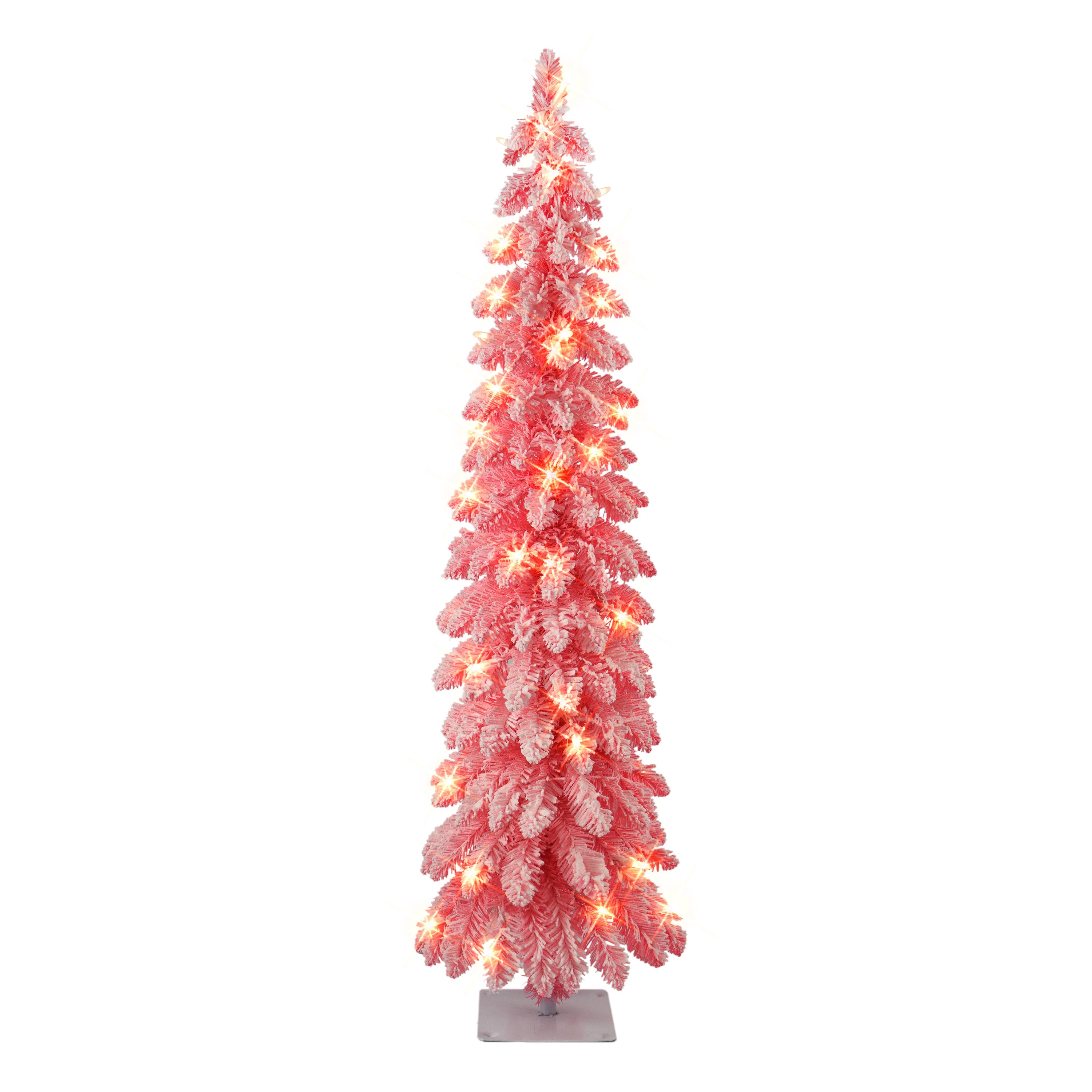 4 ft Pre-lit Pink Flocked Alpine Pencil Tree 139 Tips 50 UL Clear Lights Metal stand 01063A-TFP40C05-PK
