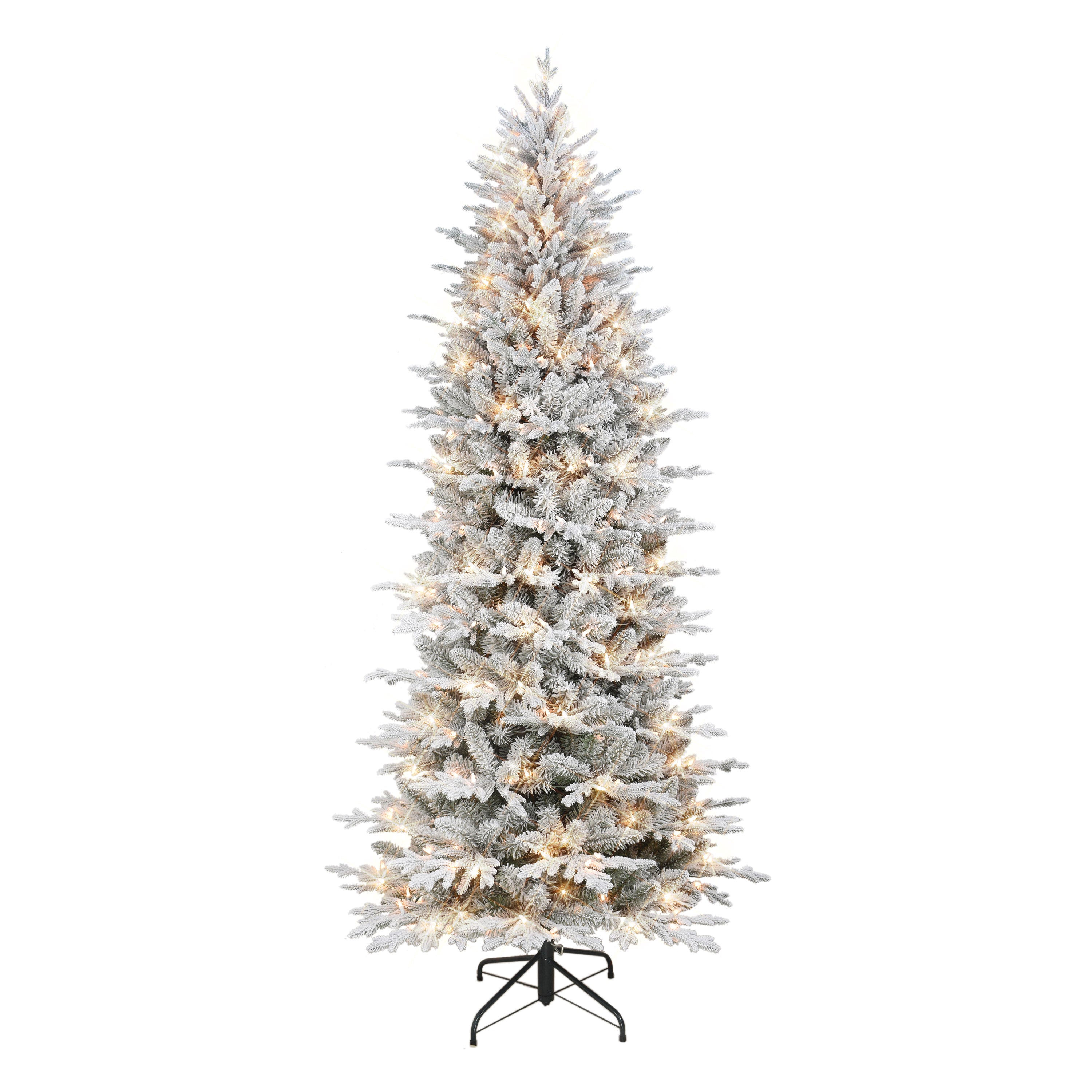 7.5 ft Pre-lit Slim Flocked Northern Fir Artificial Christmas Tree 400 UL Clear Lights Metal Stand Green NNFSL-75C4A
