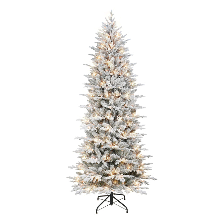 7.5 ft Pre-lit Slim Flocked Northern Fir Artificial Christmas Tree 400 UL Clear Lights Metal Stand Green NNFSL-75C4A