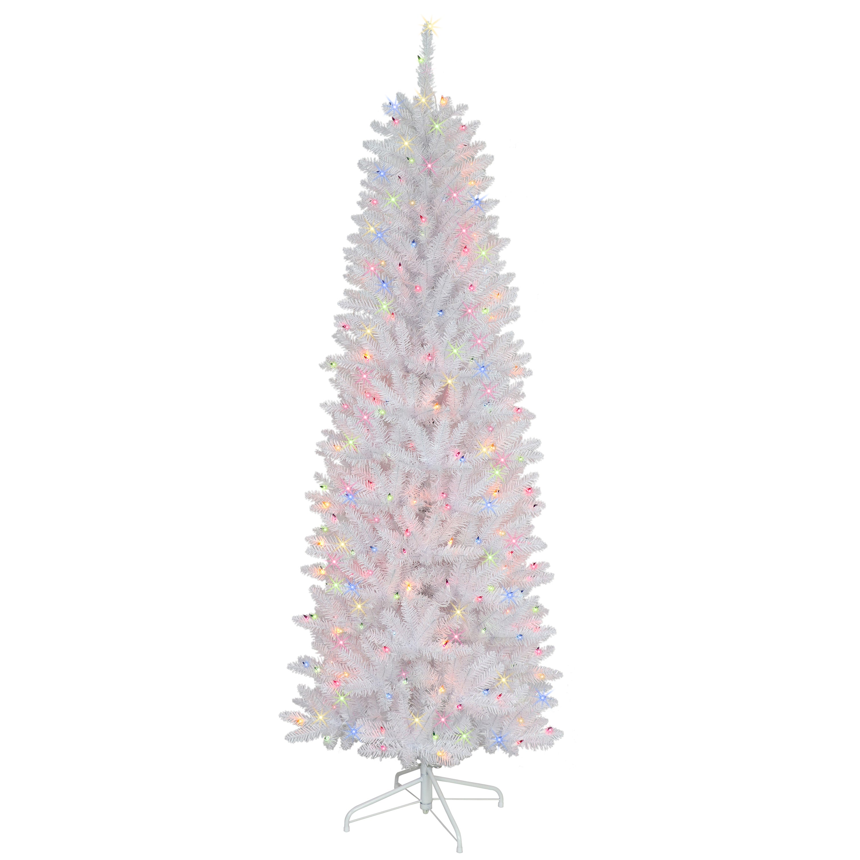 6.5 ft Pre-Lit White Fraser Fir Pencil Artificial Christmas Tree with 250 UL Multi-Color Lights Metal Stand FFPTWA-65M25