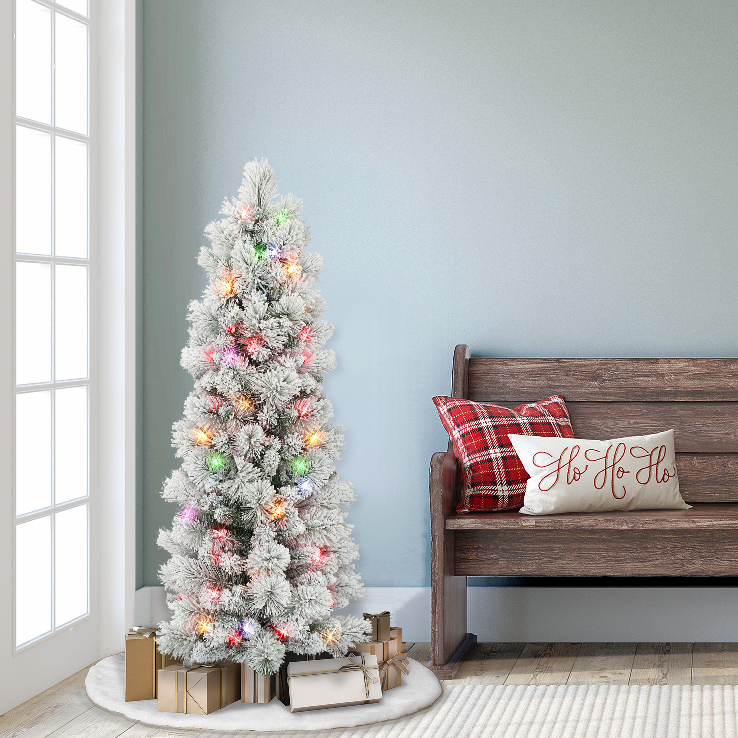 4.5ft Pre-lit Flocked Portland Pine Pencil Christmas Tree