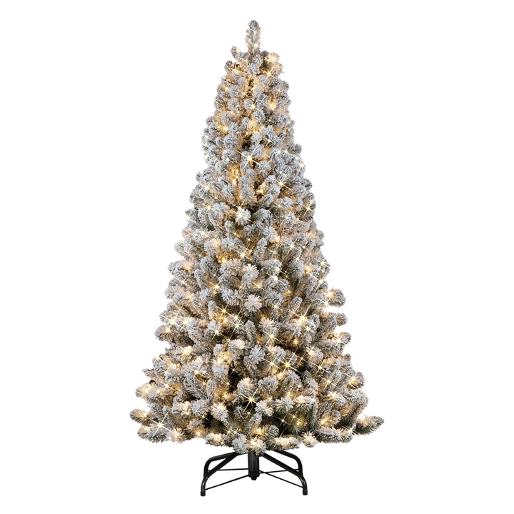 6.5 ft Pre-lit Flocked Virginia Pine Artificial Christmas Tree with 300 UL Clear Lights Metal Stand Green 0998A-TF65C3