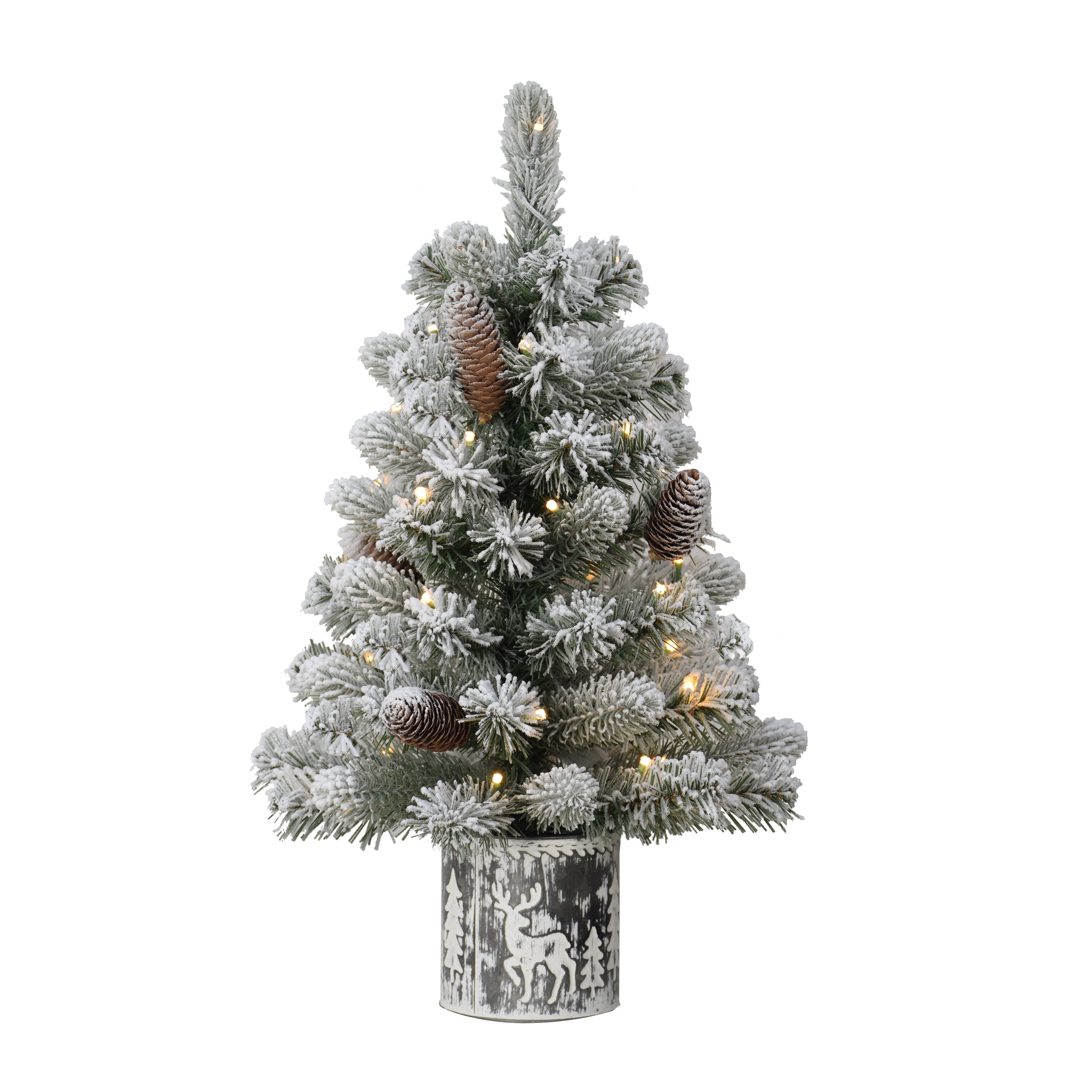 2 ft Pre-Lit Flocked Table Top Artificial Christmas Tree in Metal Pot Green 1833-ST20LW035A-BO