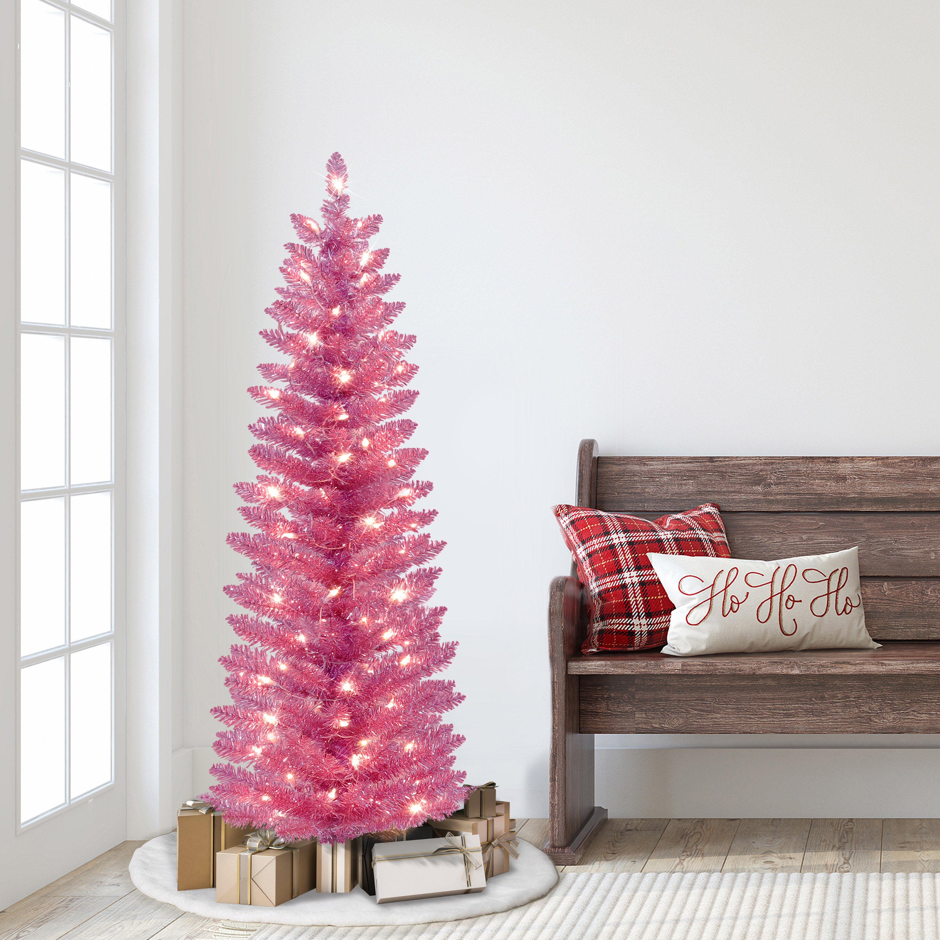 4.5ft Pre-Lit Pink Tinsel Tree