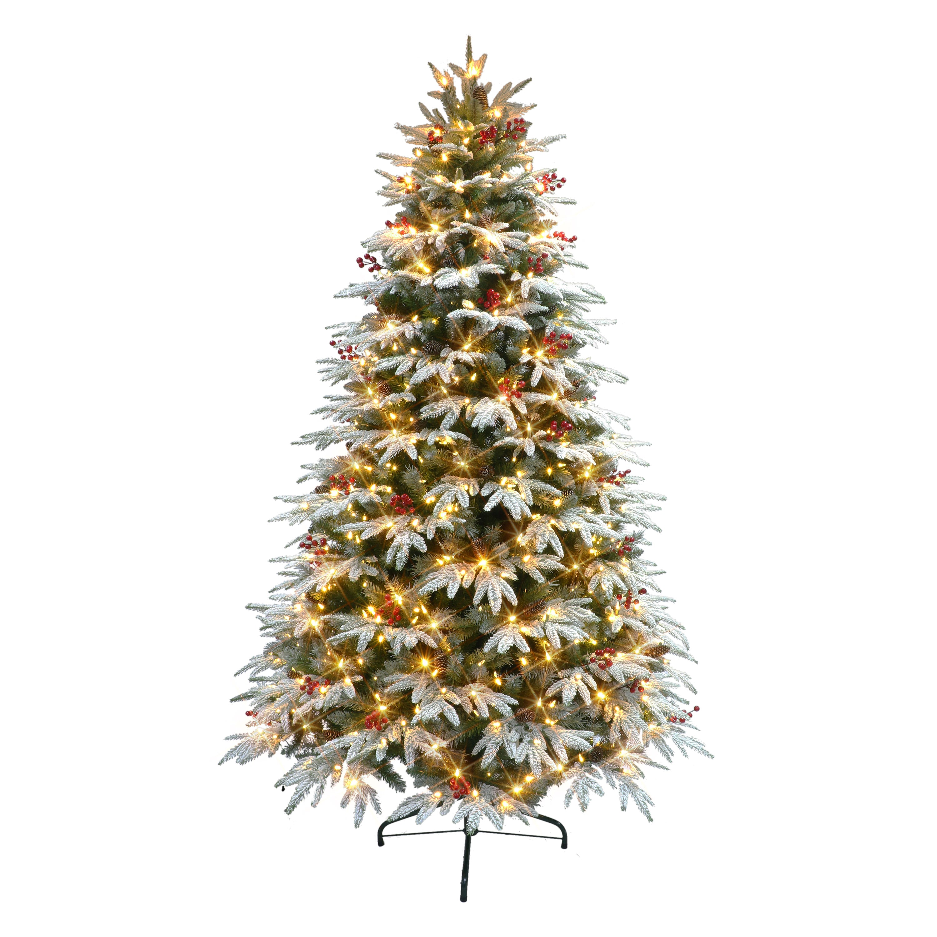 7.5 ft Pre-lit Flocked Halifax Fir Artificial Christmas Tree 700 Dual Color LED Lights On/Off Foot Pedal Pinecones & Red Berries Metal Stand Green HXA-75F5LD7
