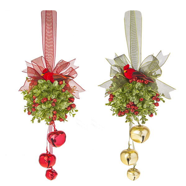 5" Kissing Krystals Mistletoe Ball with Bells Door Hanger Ornament, 2 Assorted