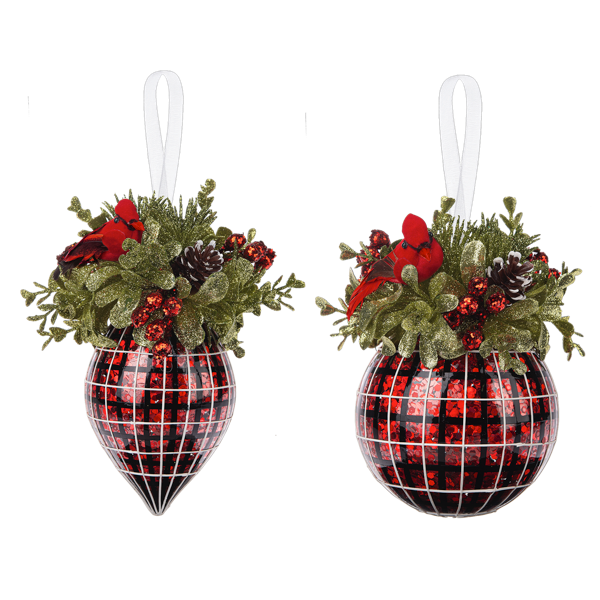 6" Kissing Krystals Glass Plaid Ornament with Mistletoe, 2 Assorted