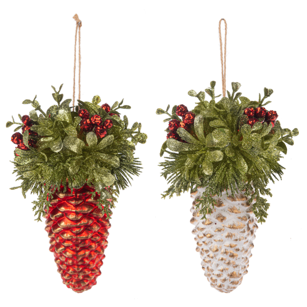 7" Kissing Krystals Glass Mistletoe Pinecone Ornament, 2 Assorted