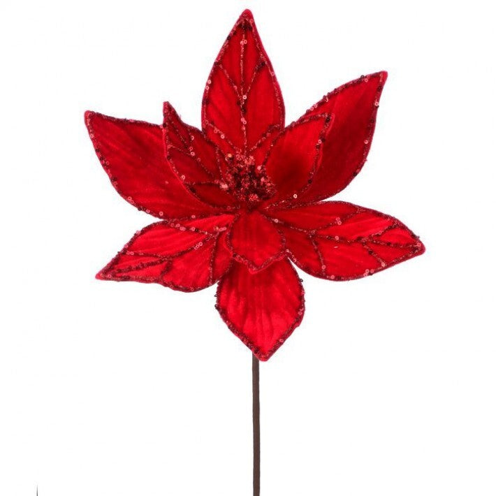 24" Red Glitter Veined Velvet Poinsettia Stem # MTX64315_RED