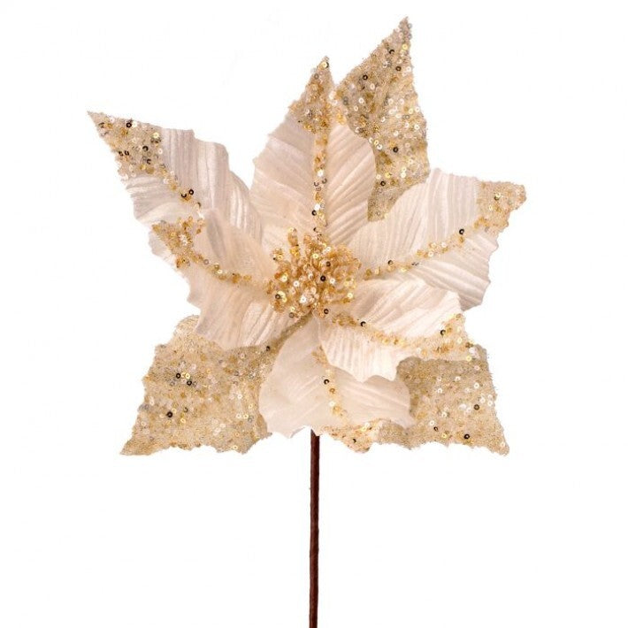 24" Gold & Ivory Glitter Sequin Stripe Poinsettia Stem # MTX66901_IVGD