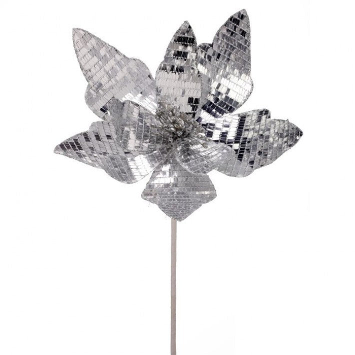 24" Shiny Silver Mirrored Poinsettia Stem # MTX70412_SILV