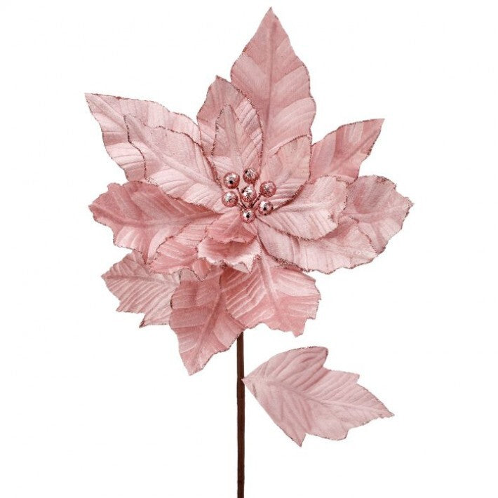 24" Blush Pink Velvet Glitter Poinsettia Stem # MTX70414_BLSH