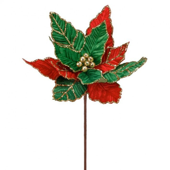 24" Red & Green Glitter Vein Poinsettia Stem # MTX70418_RDGG