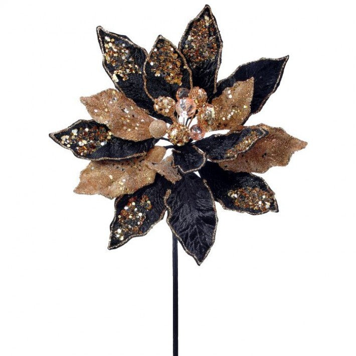 24" Black & Gold Iced Jewel Encrusted Poinsettia Stem # MTX72651_BKGD