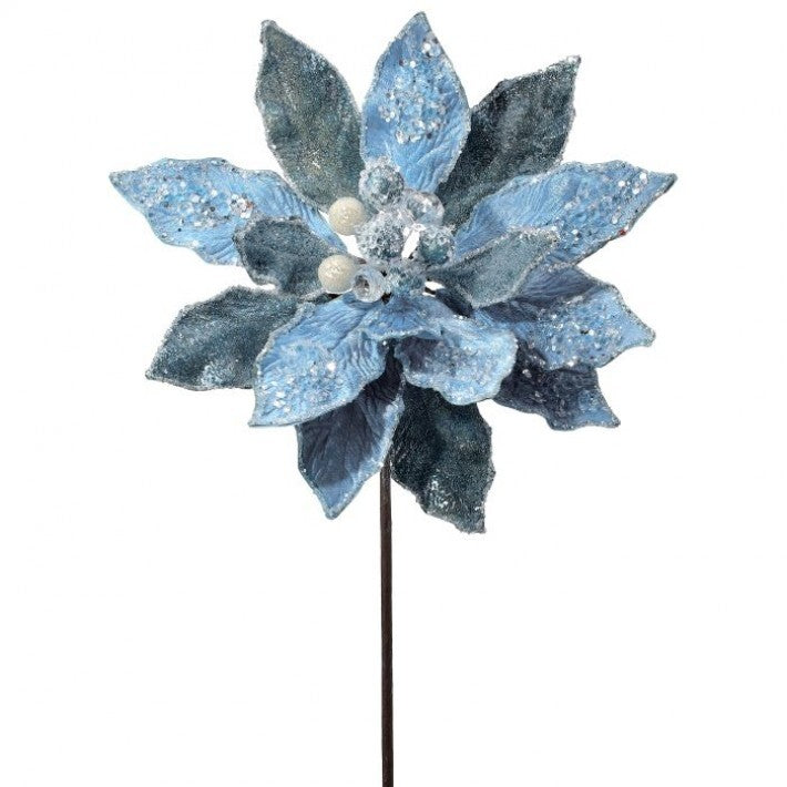 24" Blue Iced Jewel Encrusted Poinsettia Stem # MTX72651_LTBL