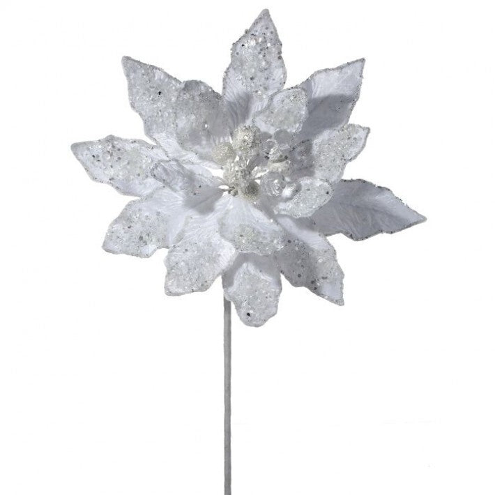 24" White Iced Jewel Encrusted Poinsettia Stem # MTX72651_WHT