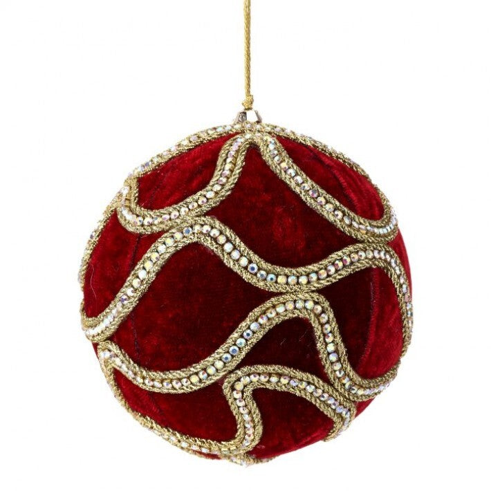 5" Red & Gold Velvet Jewel Ball Ornament # MTX72827_DKRD