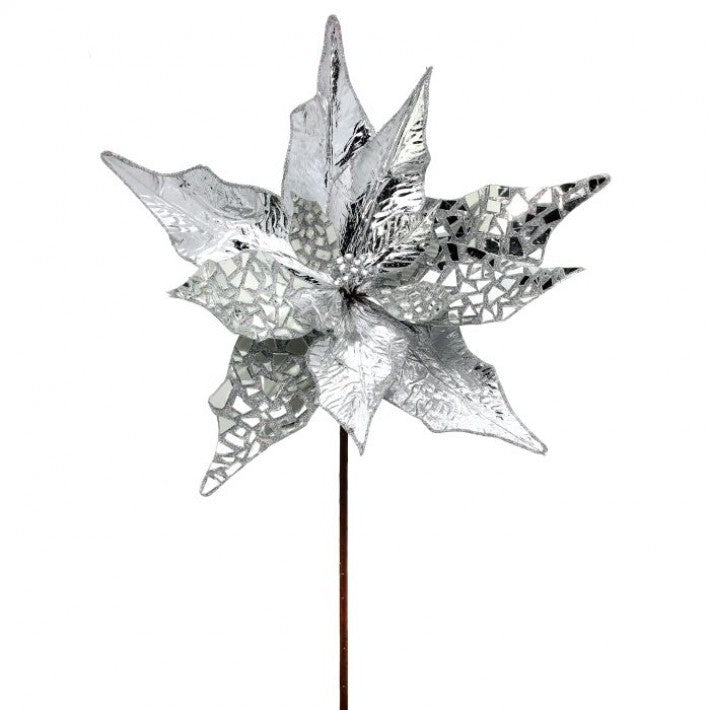 32" Silver Glitter Metallic Jewel Poinsettia Stem # MTX72888_SILV