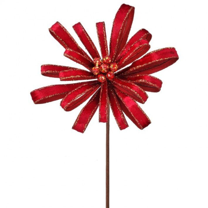 18" Red Velvet Glitter Ribbon Flower Stem # MTX72896_BUGD