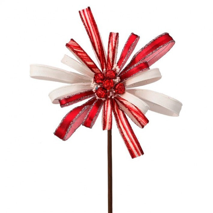 18" Red & White Metallic Glitter Swirl Ribbon Flower Stem # MTX72899_RDWH