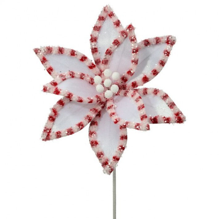 22" White & Red Candy Snowglitter Poinsettia Stem # MTX73365_WHRB