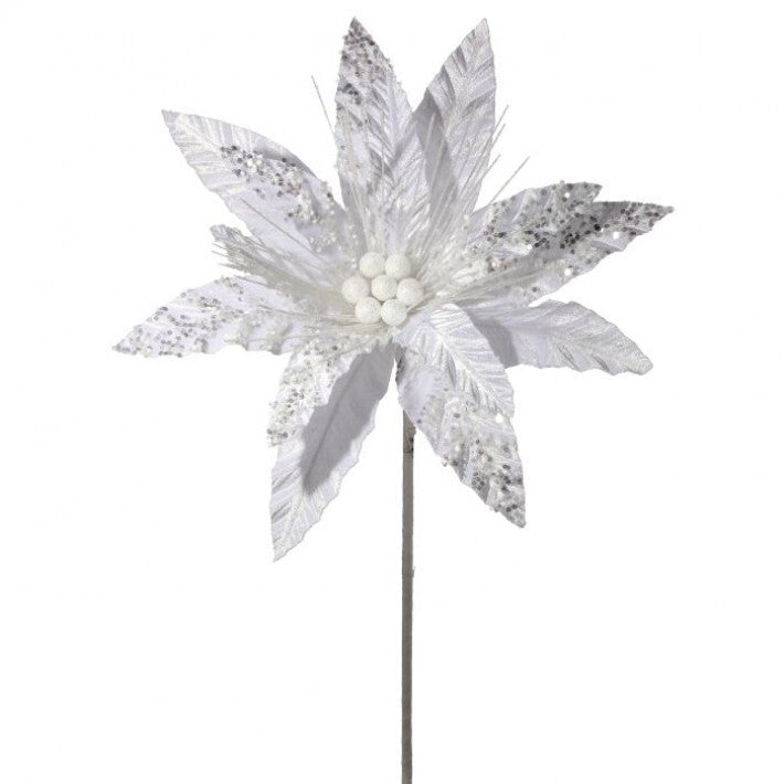 22" White Glitter Spray Winter Poinsettia Stem # MTX73378_WHT