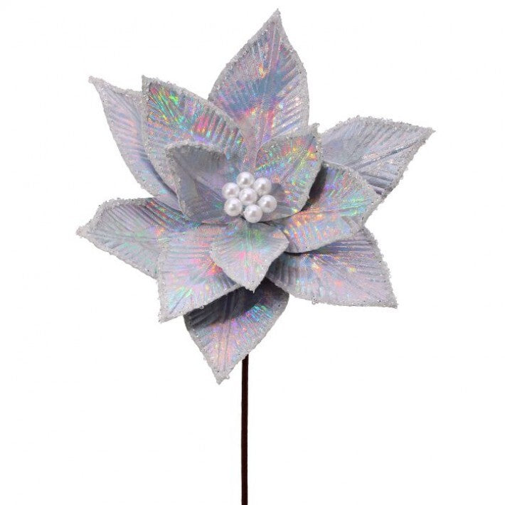 22" Silver Iridescent Winter Fantasy Glitter Poinsettia Stem # MTX73379_SVIR