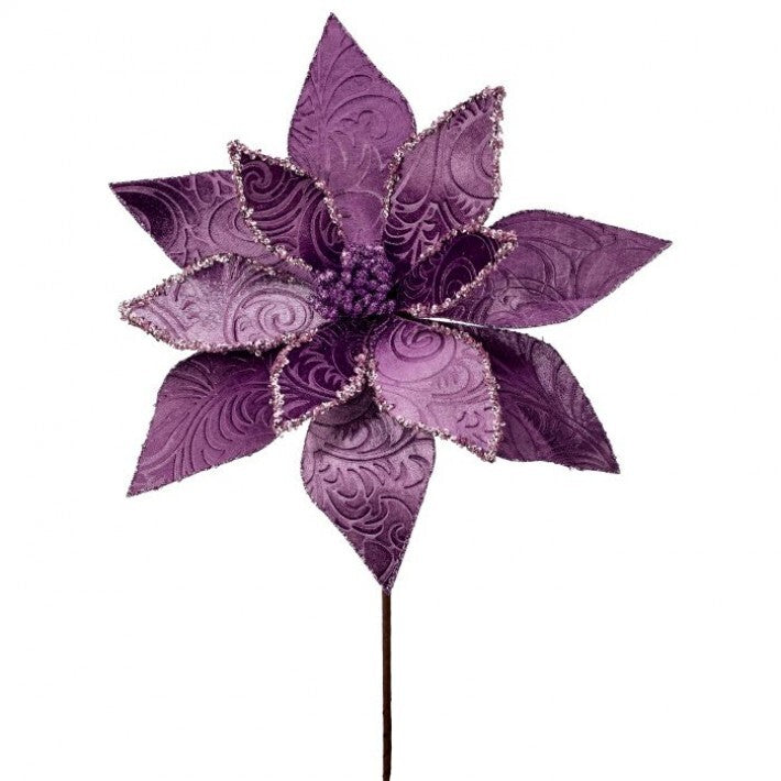 22" Purple Baroque Velvet Glitter Poinsettia Stem # MTX73386_VIOL