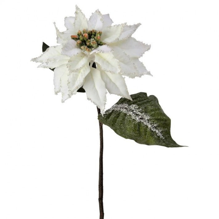 24" White Velvet Iced Glitter Poinsettia Stem # MTX74542_WHT