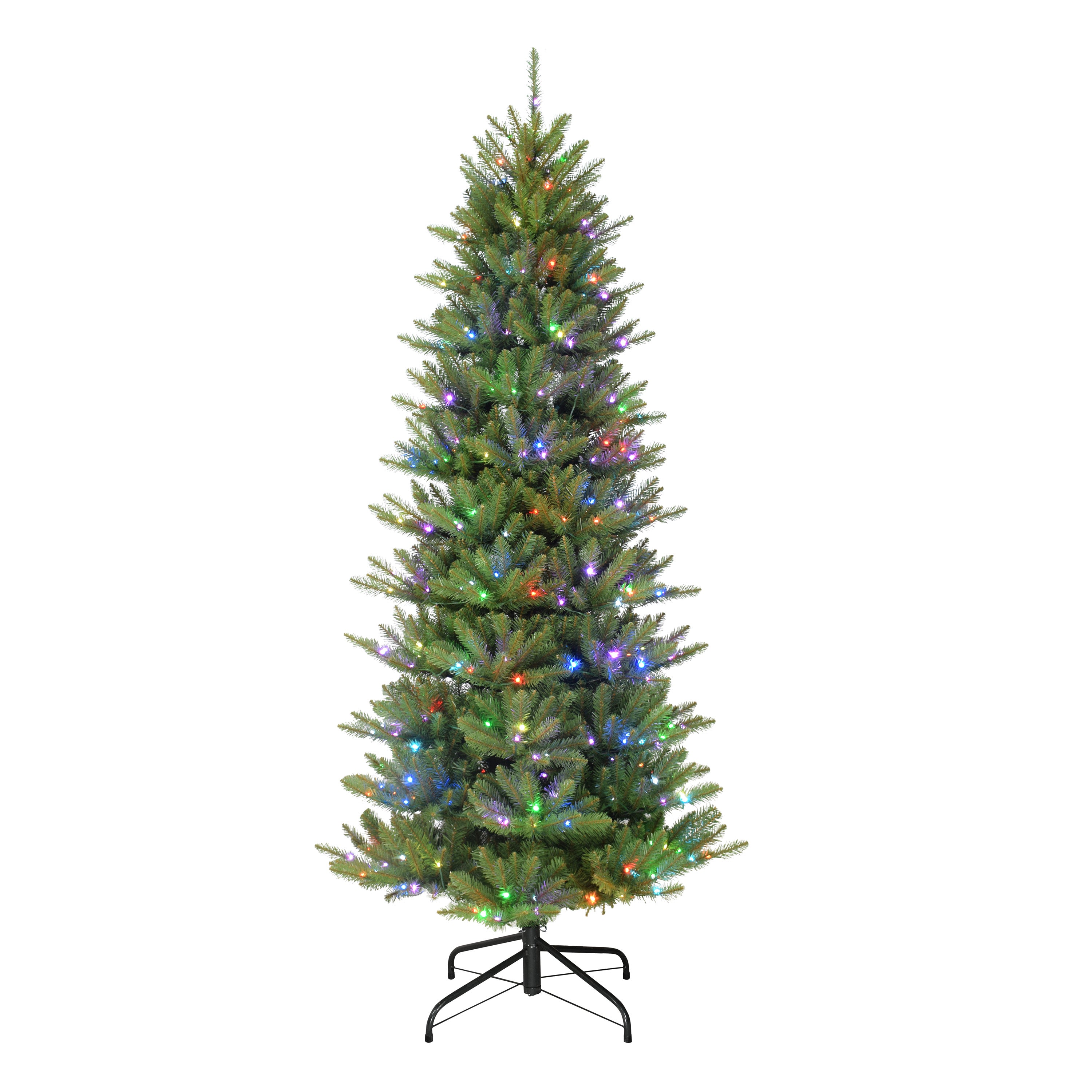 7.5 ft Pre-Lit ft Slim Fraser Fir Artificial Christmas Tree with 300 Multi-Function Dual RGB LED Lights with Remote Sure-Lit Pole® Metal Stand Green FFSLA-75QRGBL3