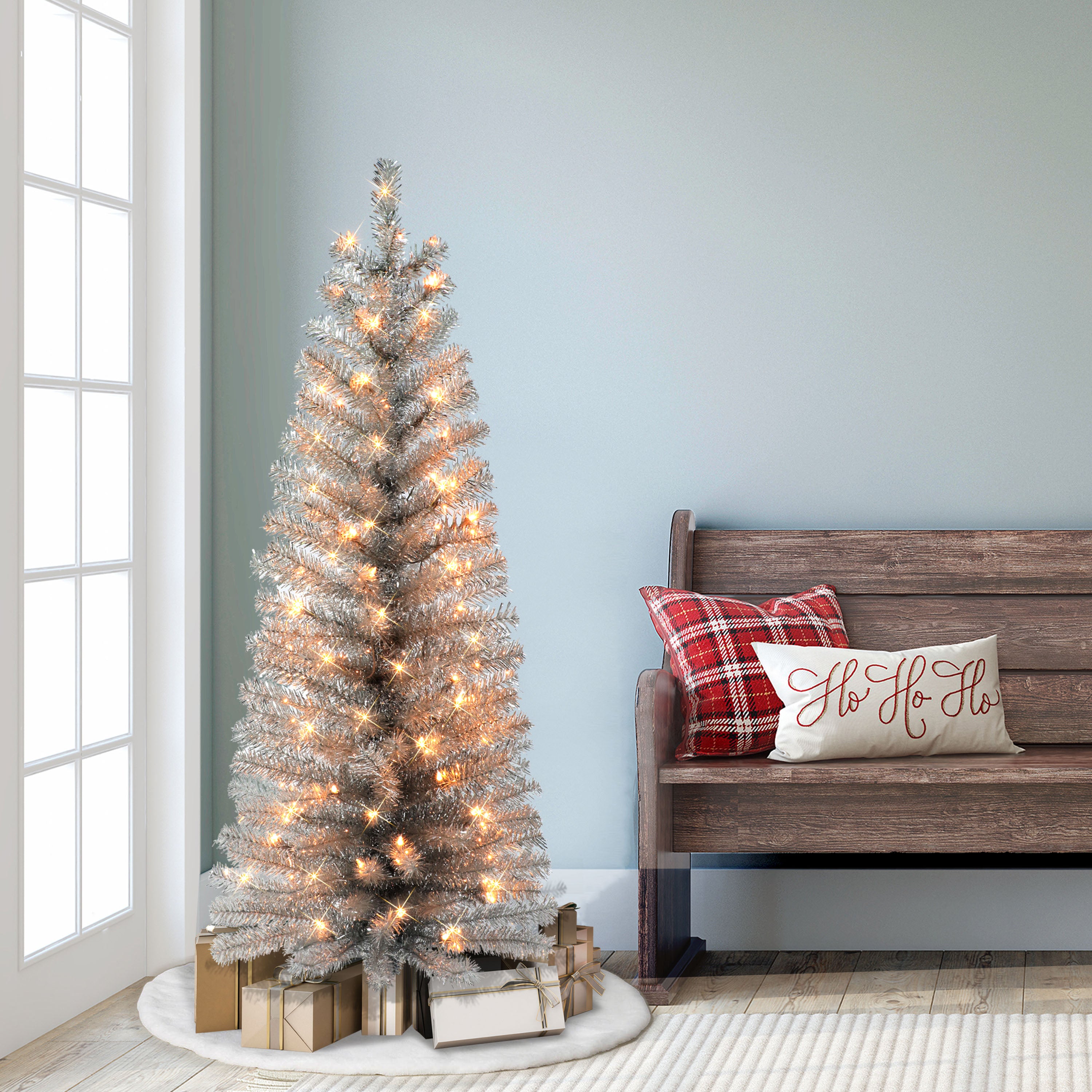 4.5ft Pre-lit Silver Tinsel Tree