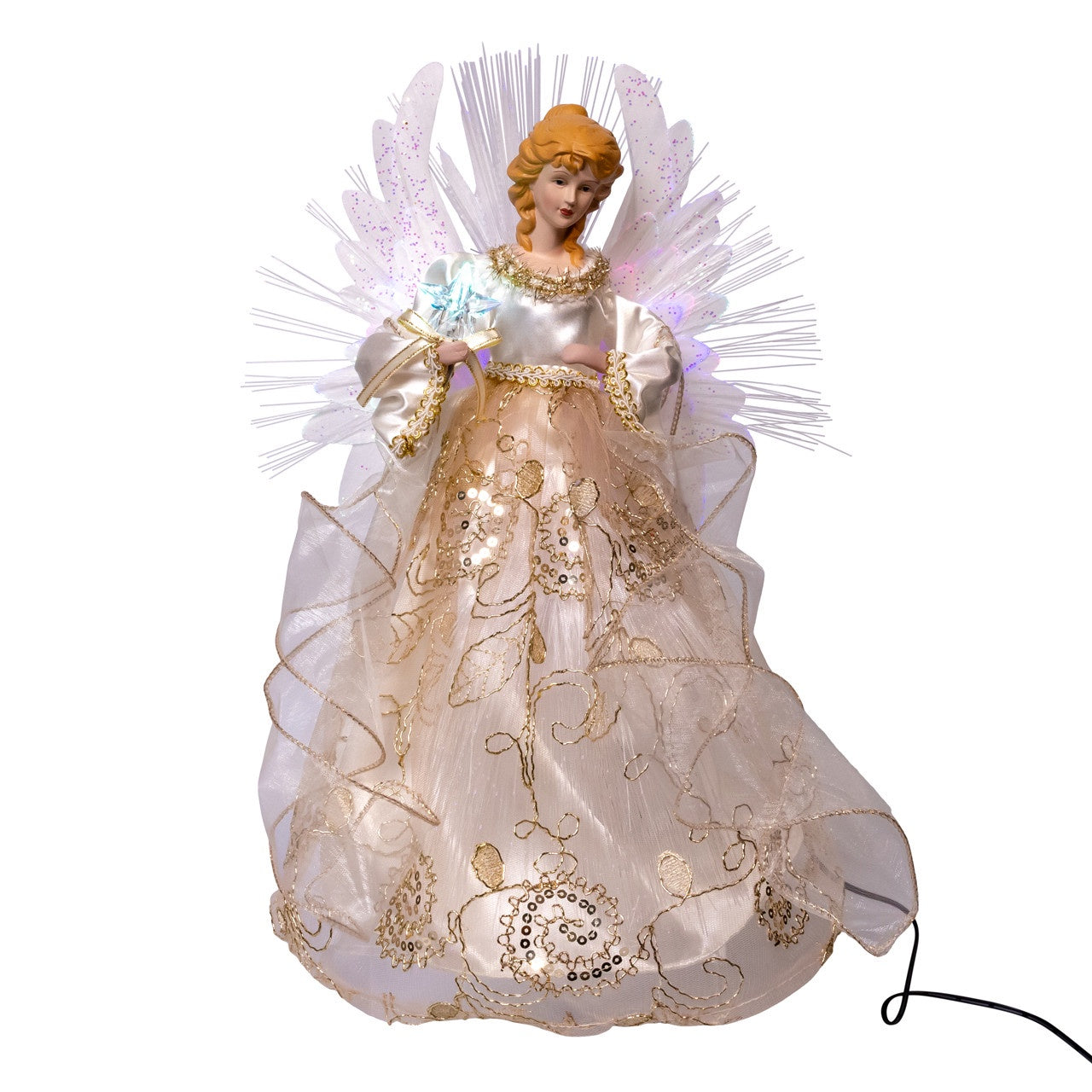 Kurt Adler 14" Fiber Optic LED RGB Ivory & Gold Angel Tree Topper #AD0604